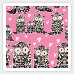 Folk Art Owls and Owlets with hearts on pink Sticker